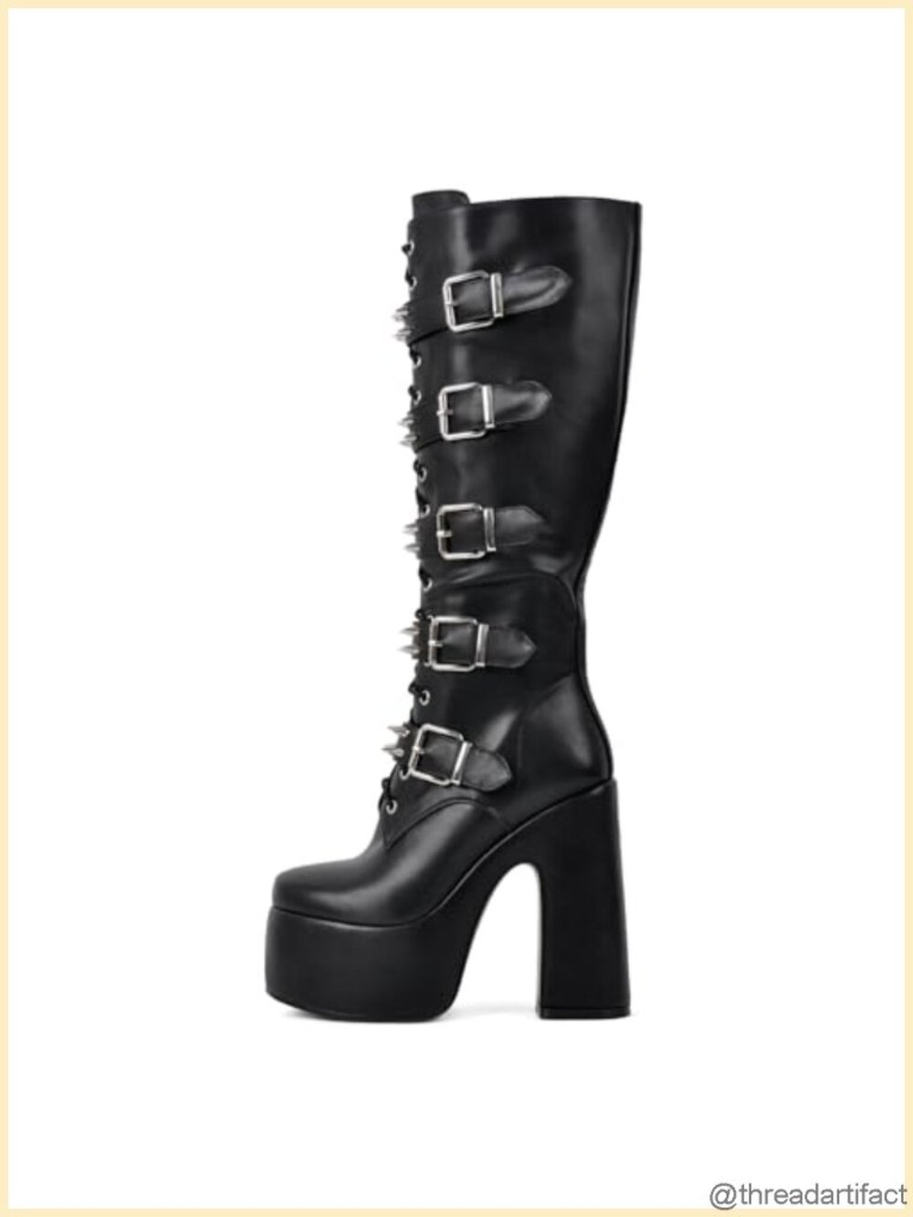 Knee-High Combat Boots Chunky Platform High Heel Silver Buckles Studs Lace-Up